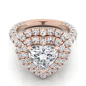 14K Rose Gold Heart Shape Center Diamond Bold and Fancy Double Halo French Pave Engagement Ring -2ctw