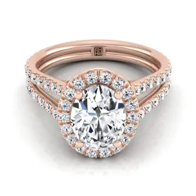 14K Rose Gold Oval Diamond Halo Two Row Pavé Split Shank Engagement Ring -7/8ctw