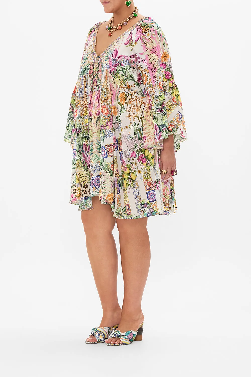 A-LINE RUFFLE SLEEVE DRESS FLOWERS OF NEPTUNE