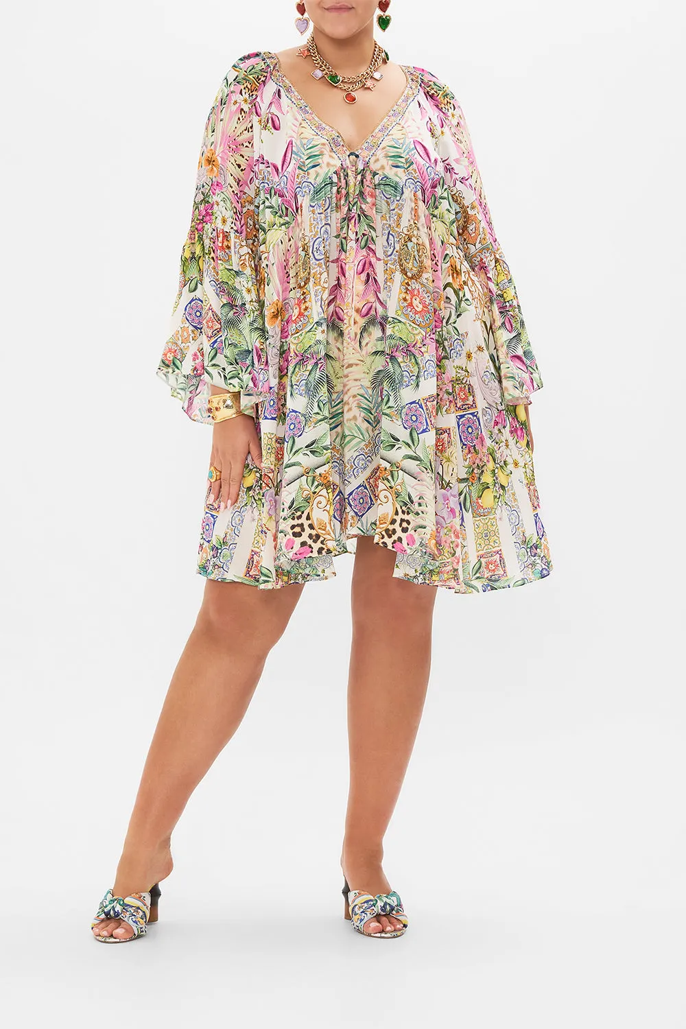 A-LINE RUFFLE SLEEVE DRESS FLOWERS OF NEPTUNE