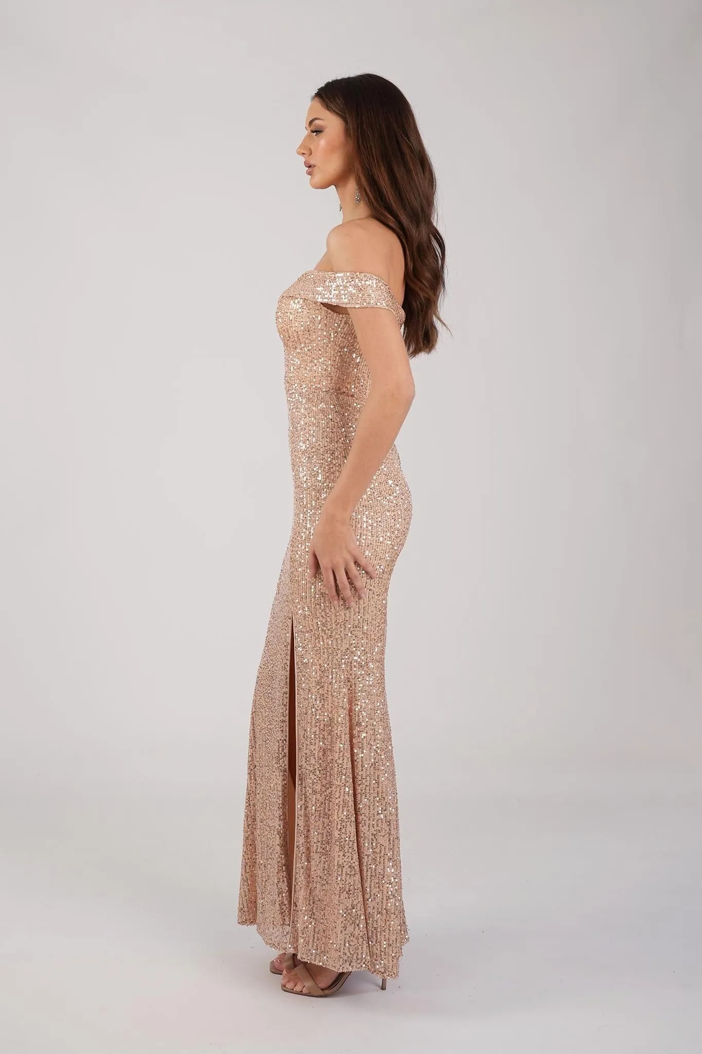 Astrid Off Shoulder Sequin Maxi Dress - Rose Gold