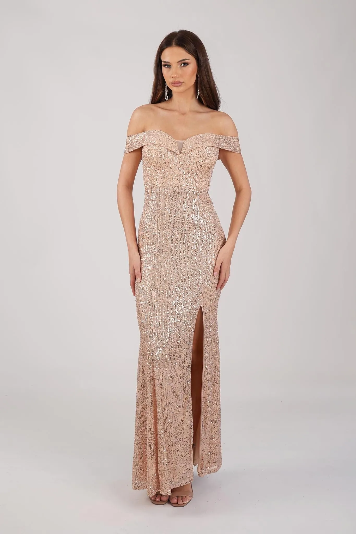 Astrid Off Shoulder Sequin Maxi Dress - Rose Gold