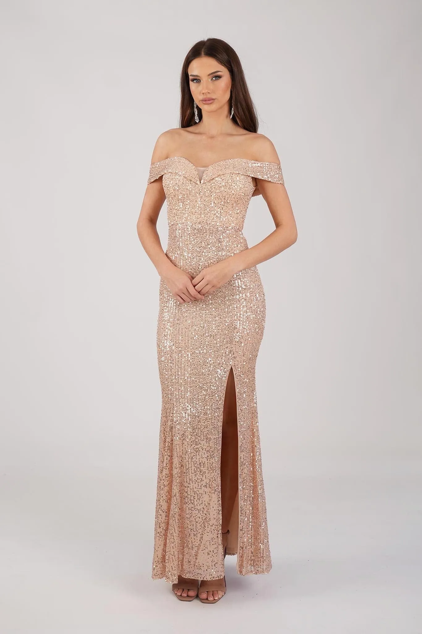 Astrid Off Shoulder Sequin Maxi Dress - Rose Gold