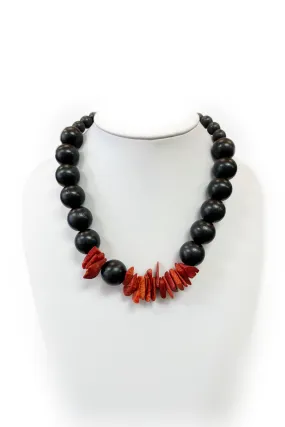 Coral and Ebonized Wood Bead Necklace