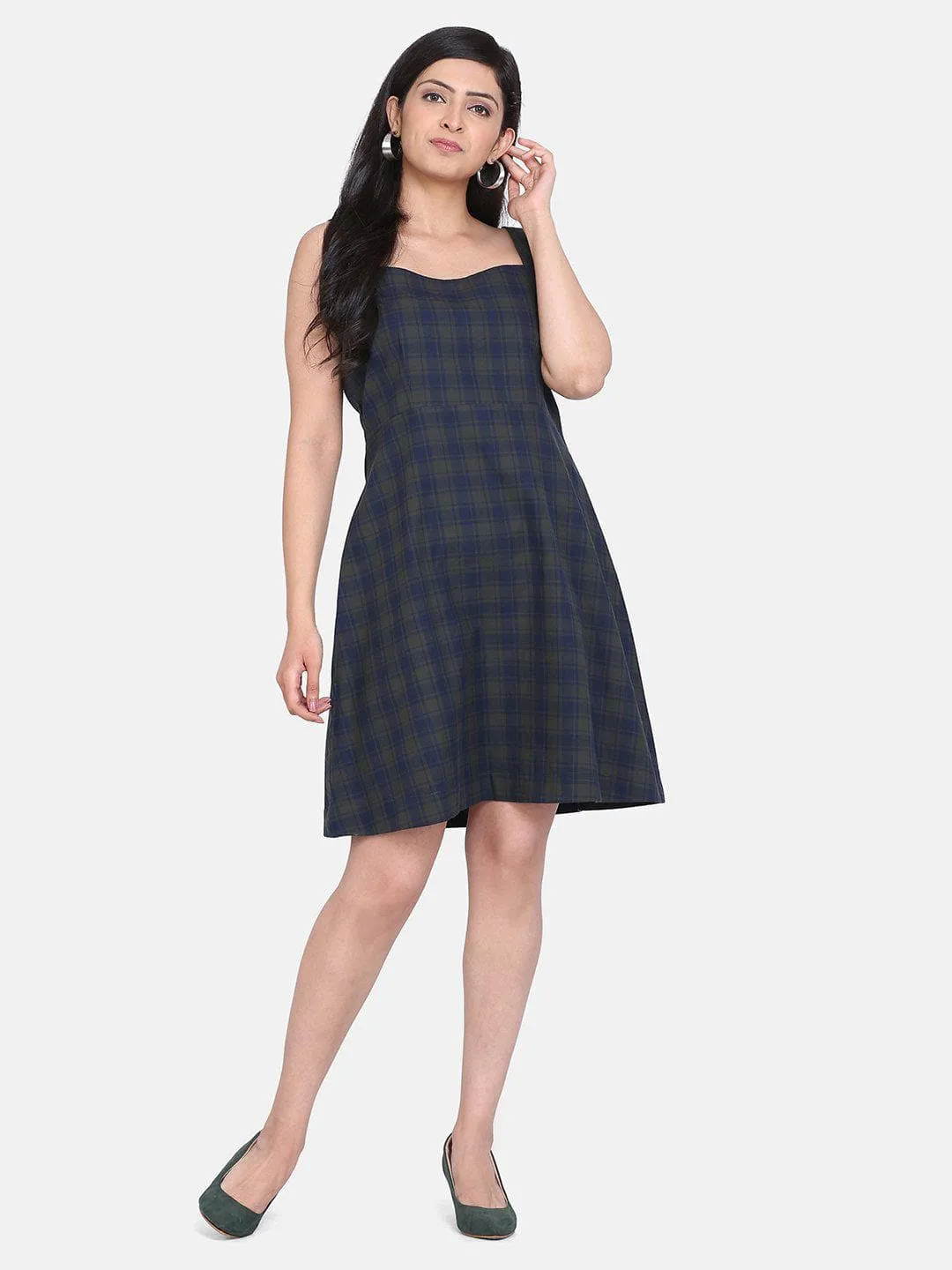 Cotton Check Dress - Green and Blue