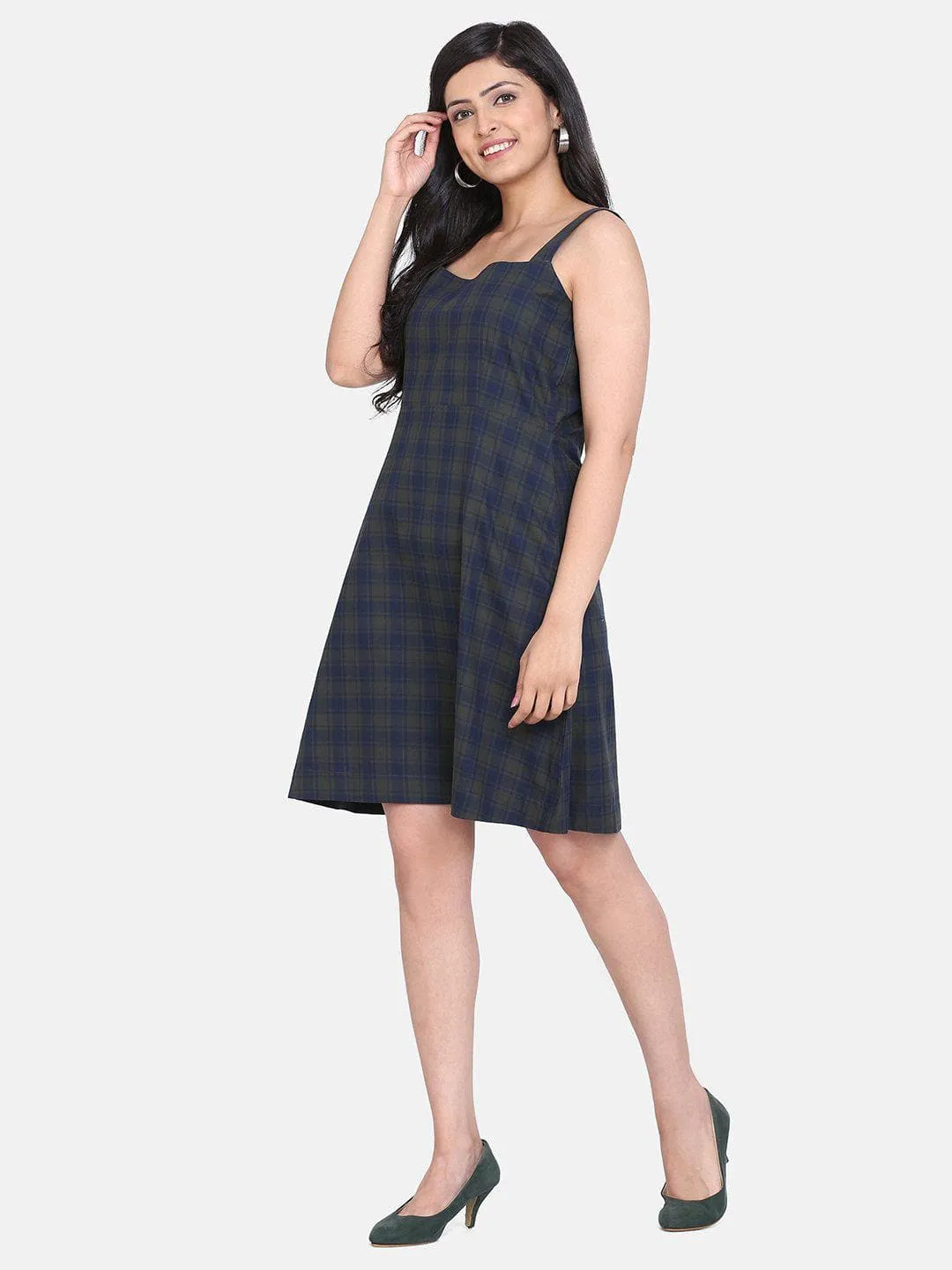 Cotton Check Dress - Green and Blue