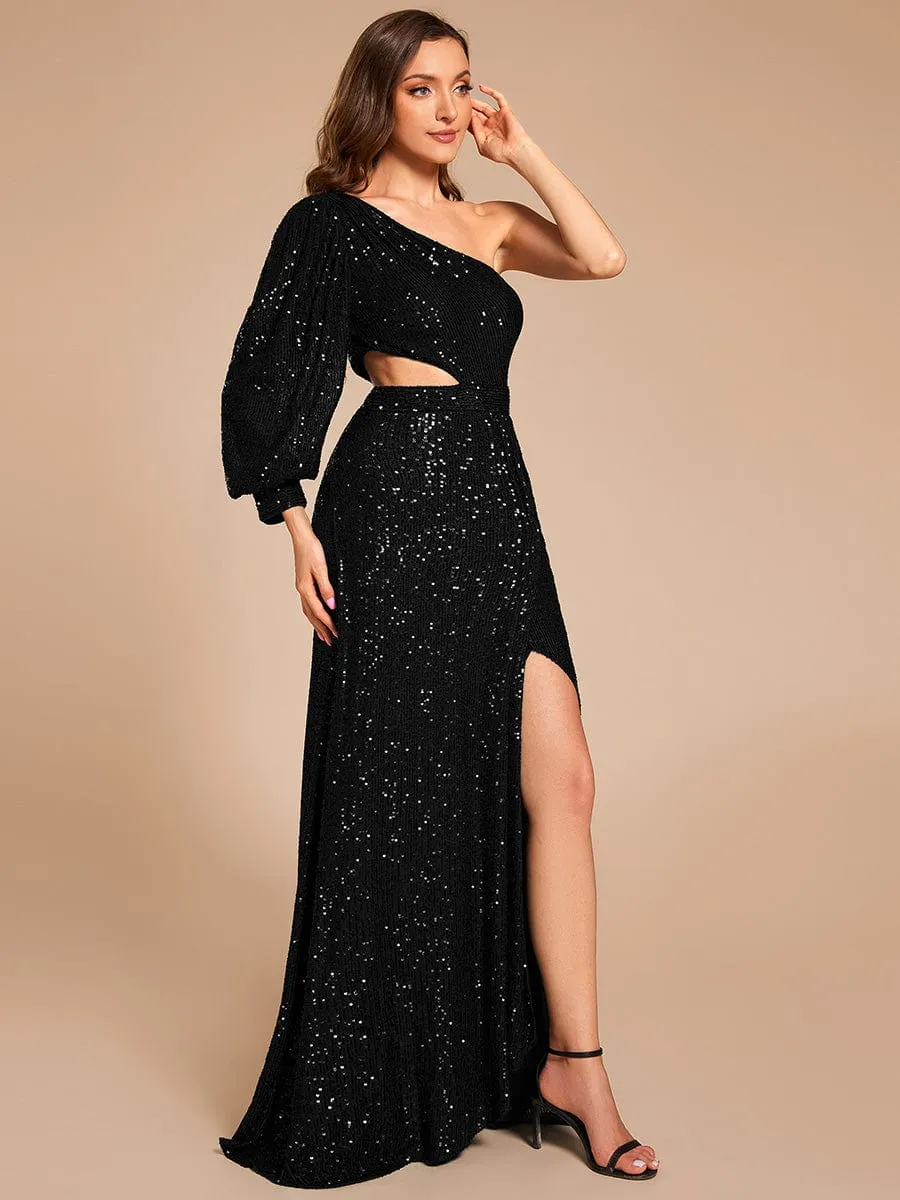 Custom Size One Shoulder Bodycon Slit Sequin Floor Length Formal Evening Dress