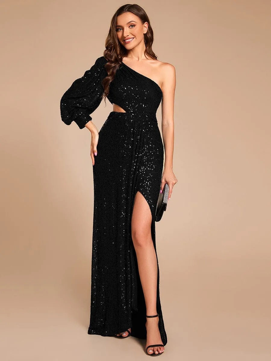 Custom Size One Shoulder Bodycon Slit Sequin Floor Length Formal Evening Dress