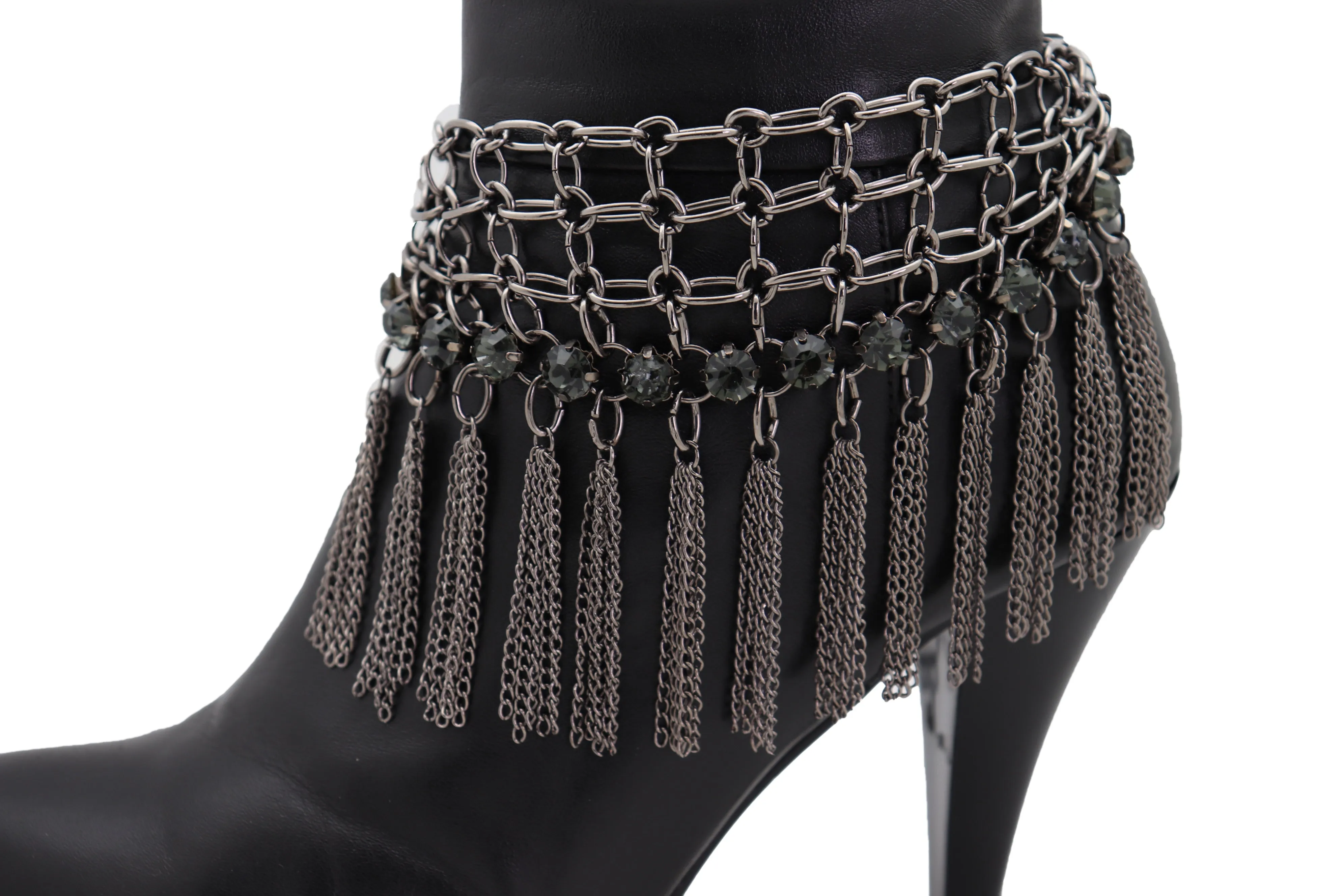 Dark Silver Metal Chain Boot Bracelet Shoe Web Fringe Charm Tassel Bling