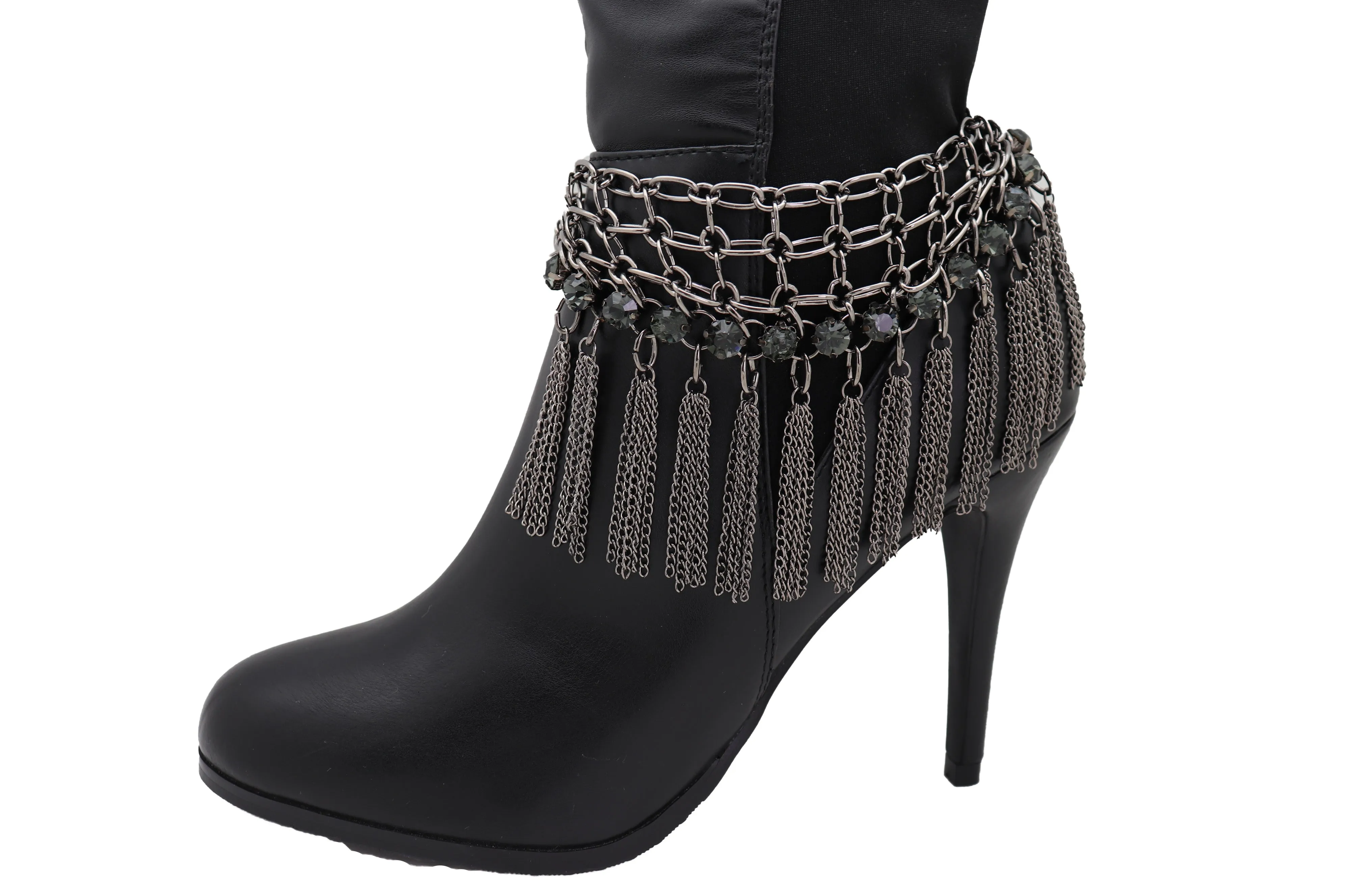 Dark Silver Metal Chain Boot Bracelet Shoe Web Fringe Charm Tassel Bling