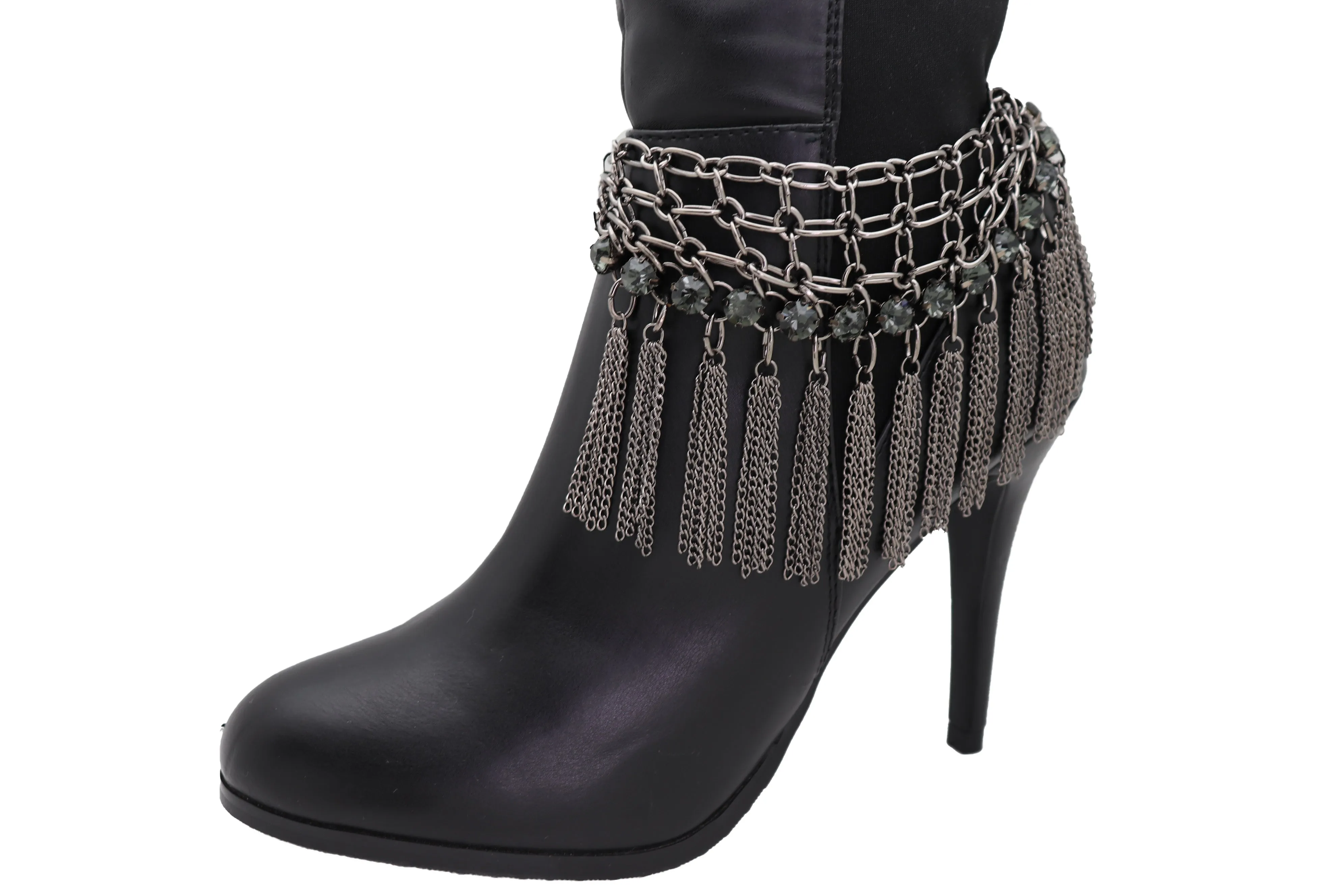 Dark Silver Metal Chain Boot Bracelet Shoe Web Fringe Charm Tassel Bling