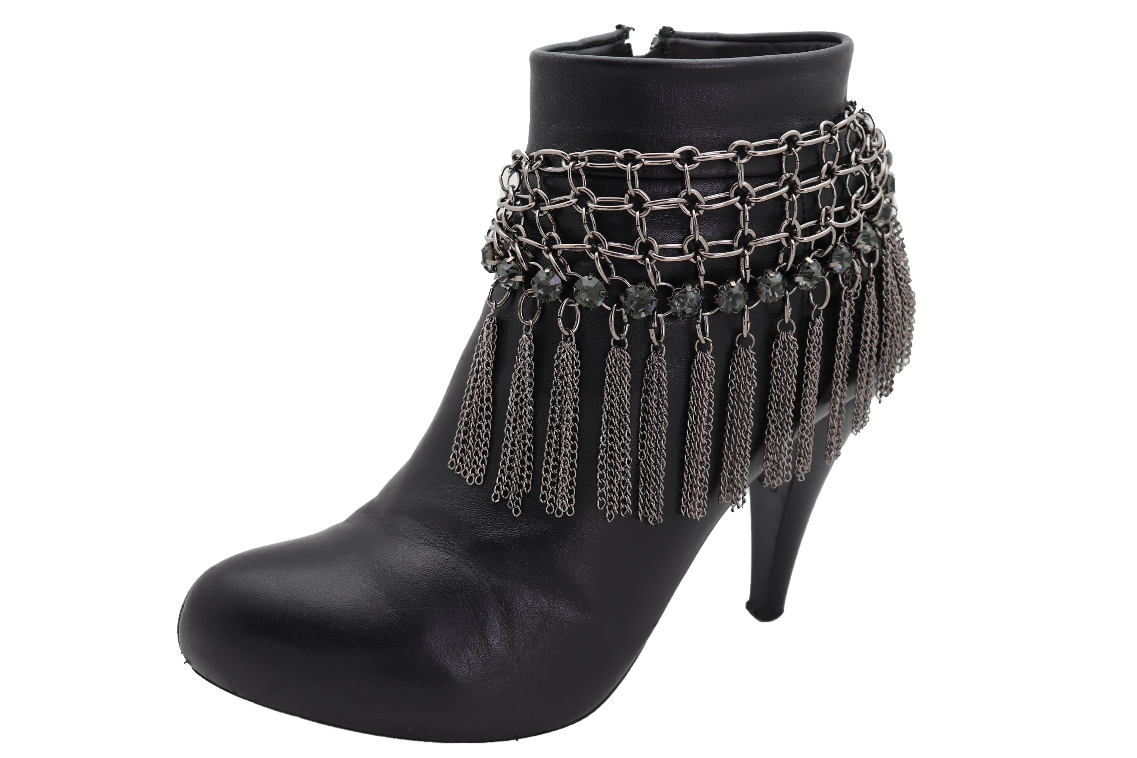 Dark Silver Metal Chain Boot Bracelet Shoe Web Fringe Charm Tassel Bling