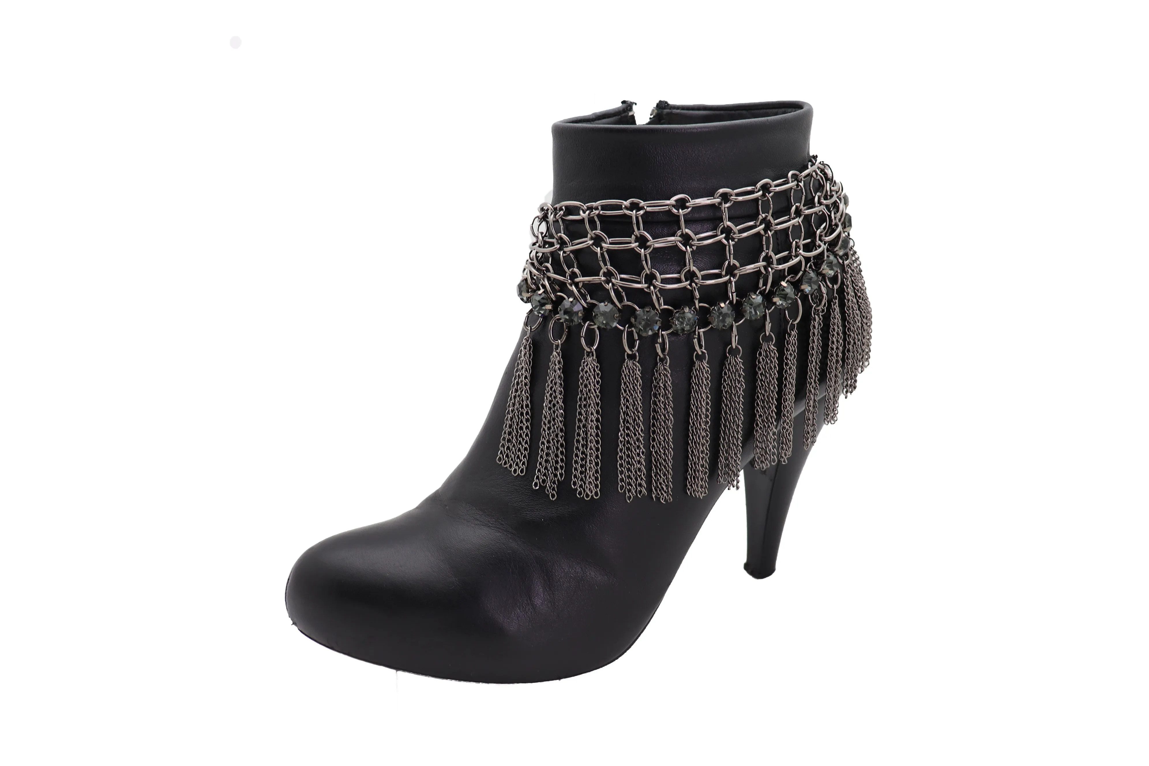 Dark Silver Metal Chain Boot Bracelet Shoe Web Fringe Charm Tassel Bling