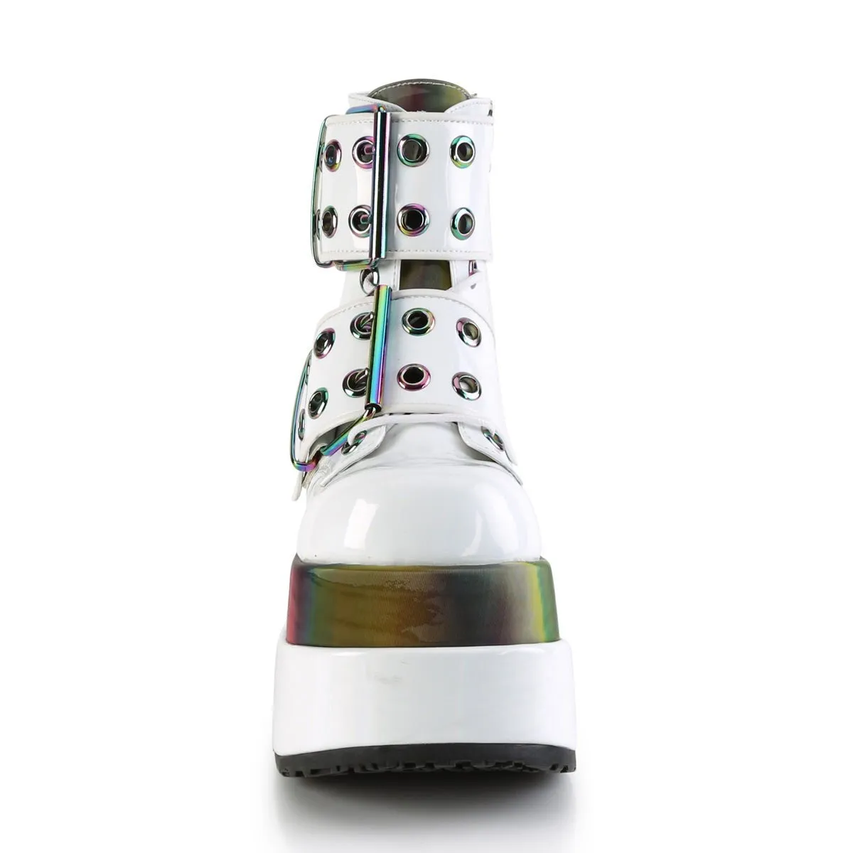 Demonia BEAR-104 | White Patent Leather Rainbow Ankle Boots