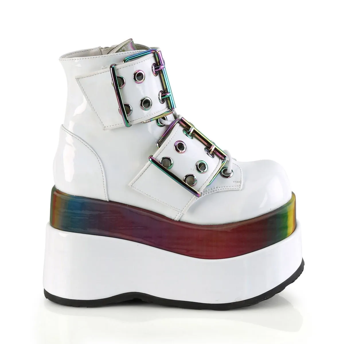 Demonia BEAR-104 | White Patent Leather Rainbow Ankle Boots