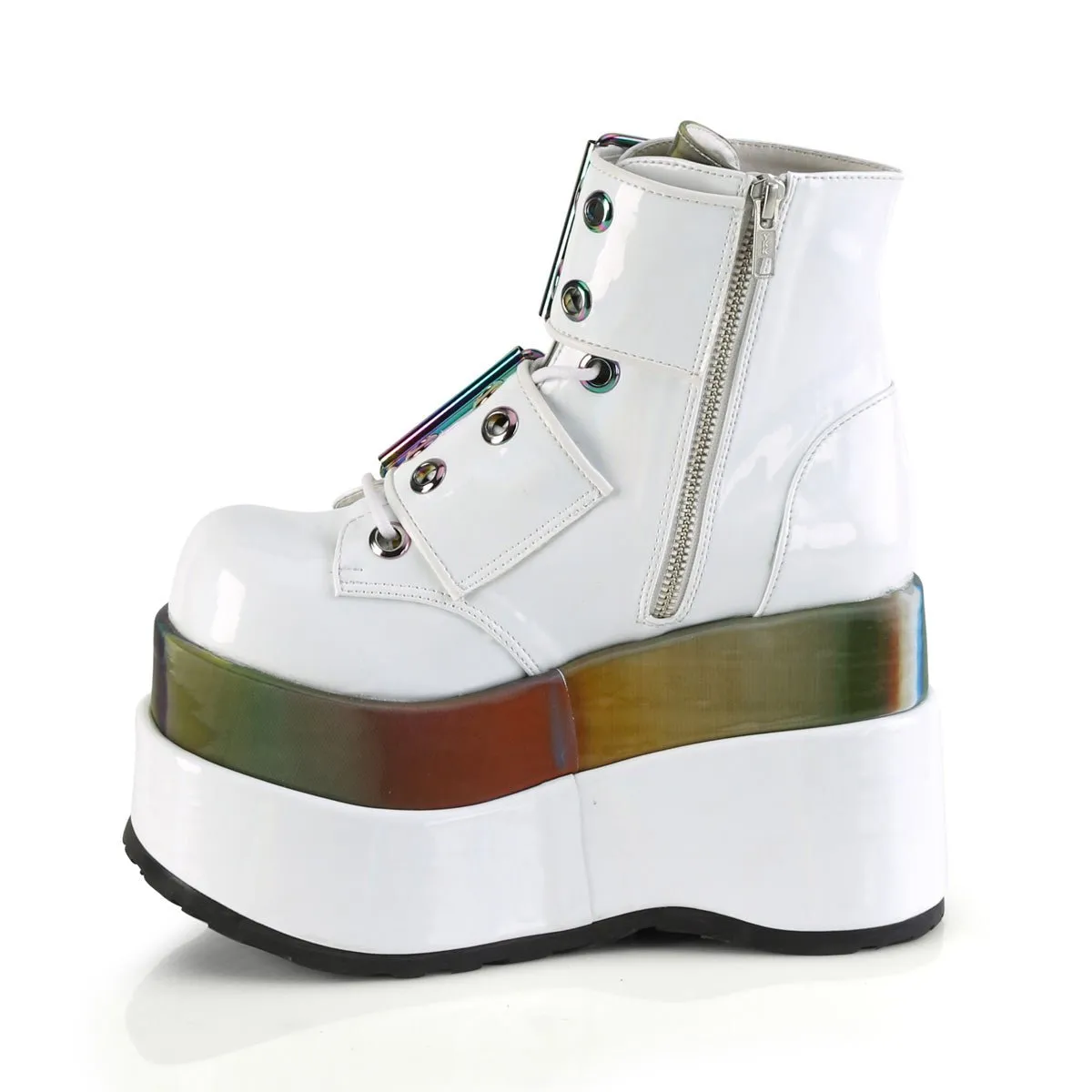 Demonia BEAR-104 | White Patent Leather Rainbow Ankle Boots