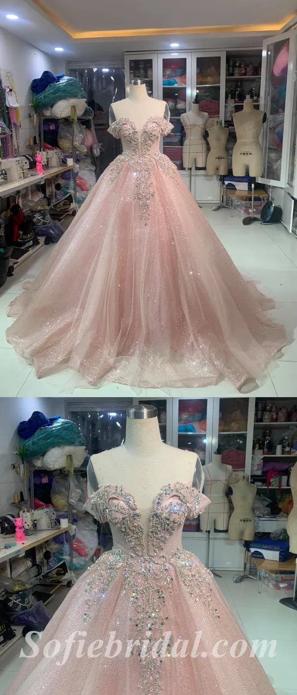 Elegant Tulle Off Shoulder V-Neck Sleeveless A-Line Long Prom Dresses/Ball Gown With Beading,SFPD0579