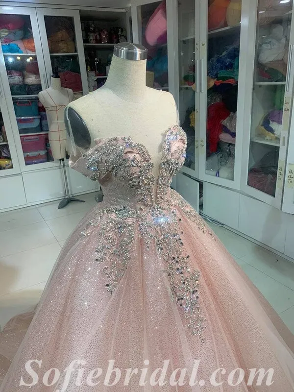 Elegant Tulle Off Shoulder V-Neck Sleeveless A-Line Long Prom Dresses/Ball Gown With Beading,SFPD0579