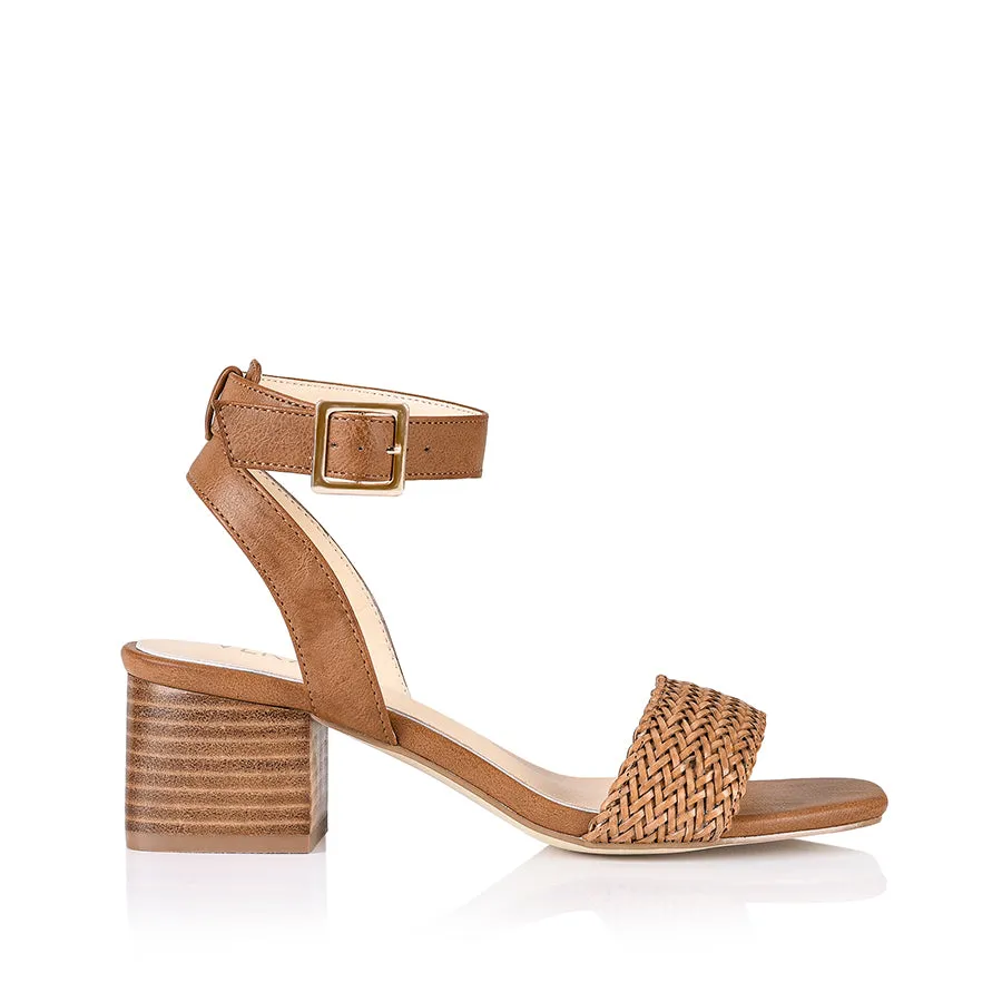 Elly Block Heel Sandals - Tan Weave