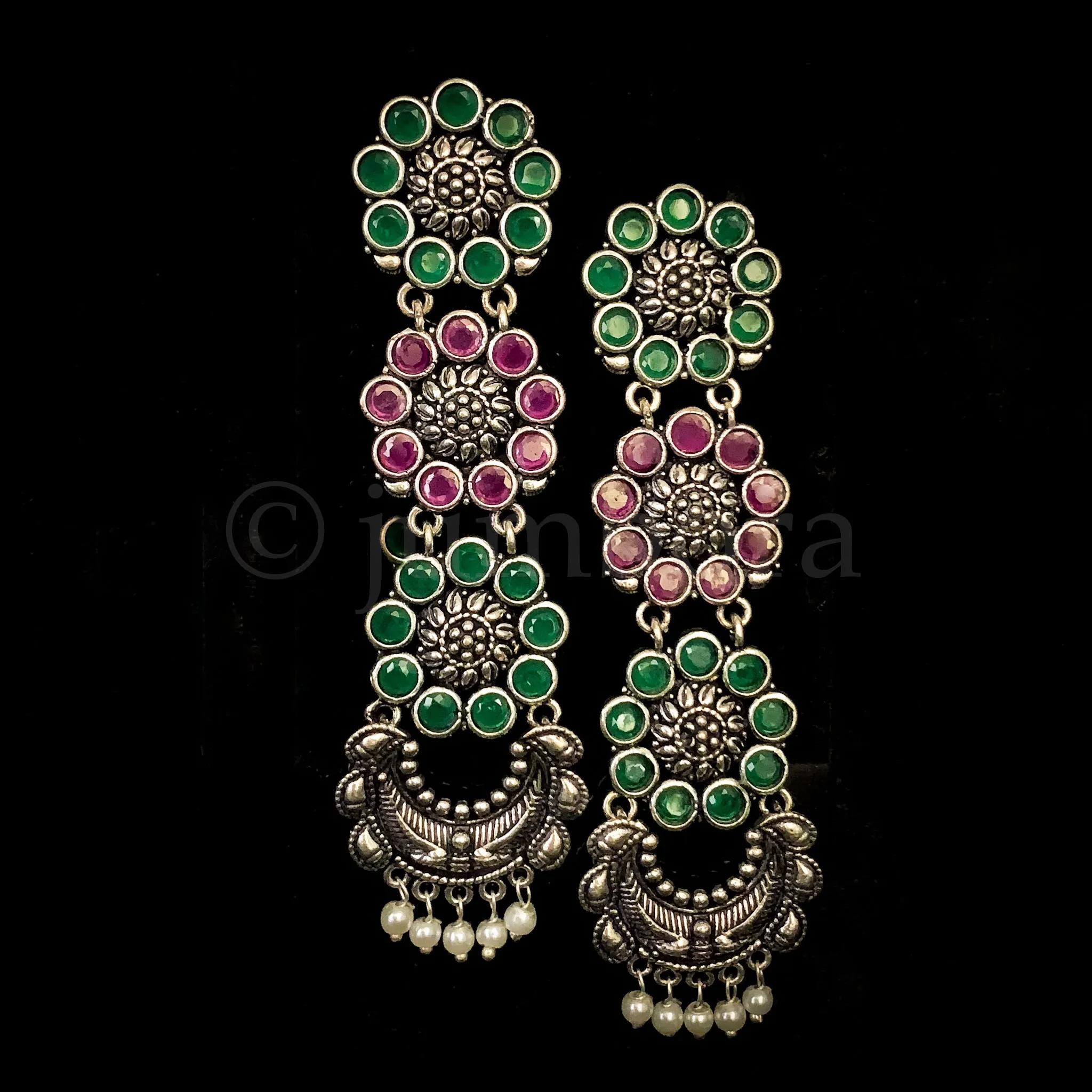 Exquisite Long Oxidized Silver Earring with Ruby Red and Green Stone