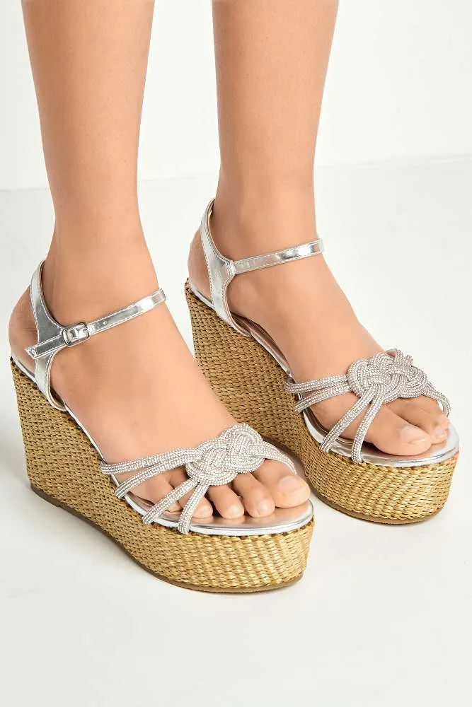 Gigi Diamante Embellished Band Ankle Strap Wedges in Silver