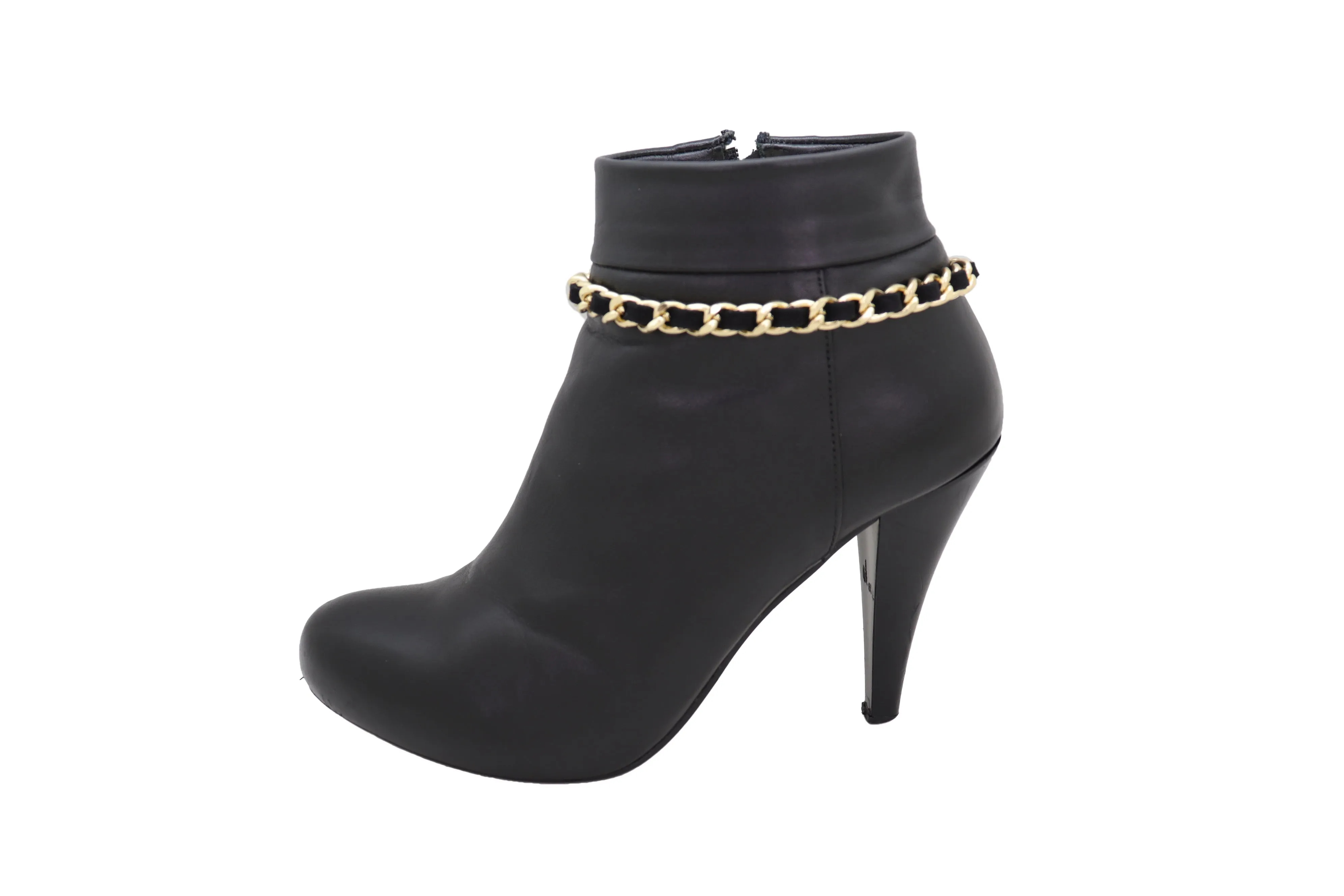 Gold Metal Boot Chain Links Black Fabric Strap Bracelet Shoe Bling Jewelry