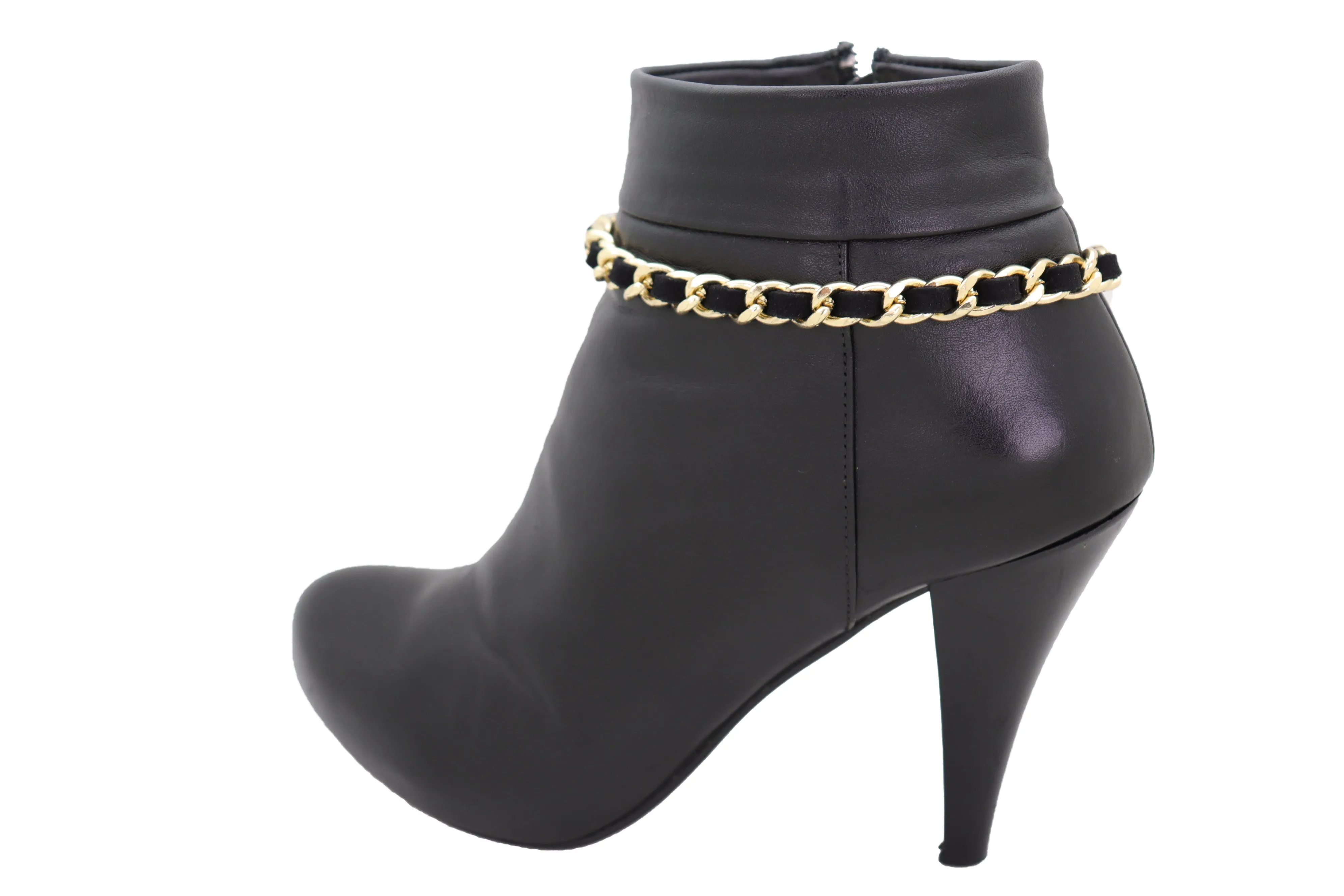 Gold Metal Boot Chain Links Black Fabric Strap Bracelet Shoe Bling Jewelry