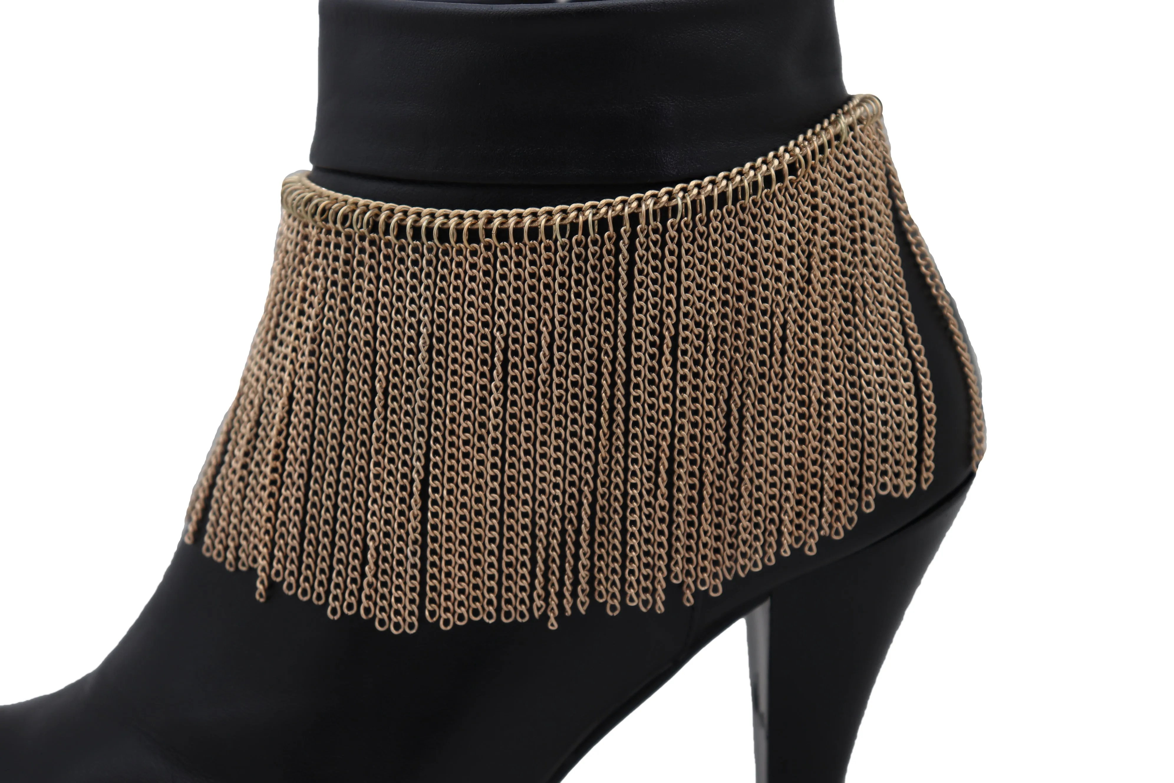 Gold Metal Chain Boot Bracelet Wrap Around Shoe Long Fringes Charm Anklet