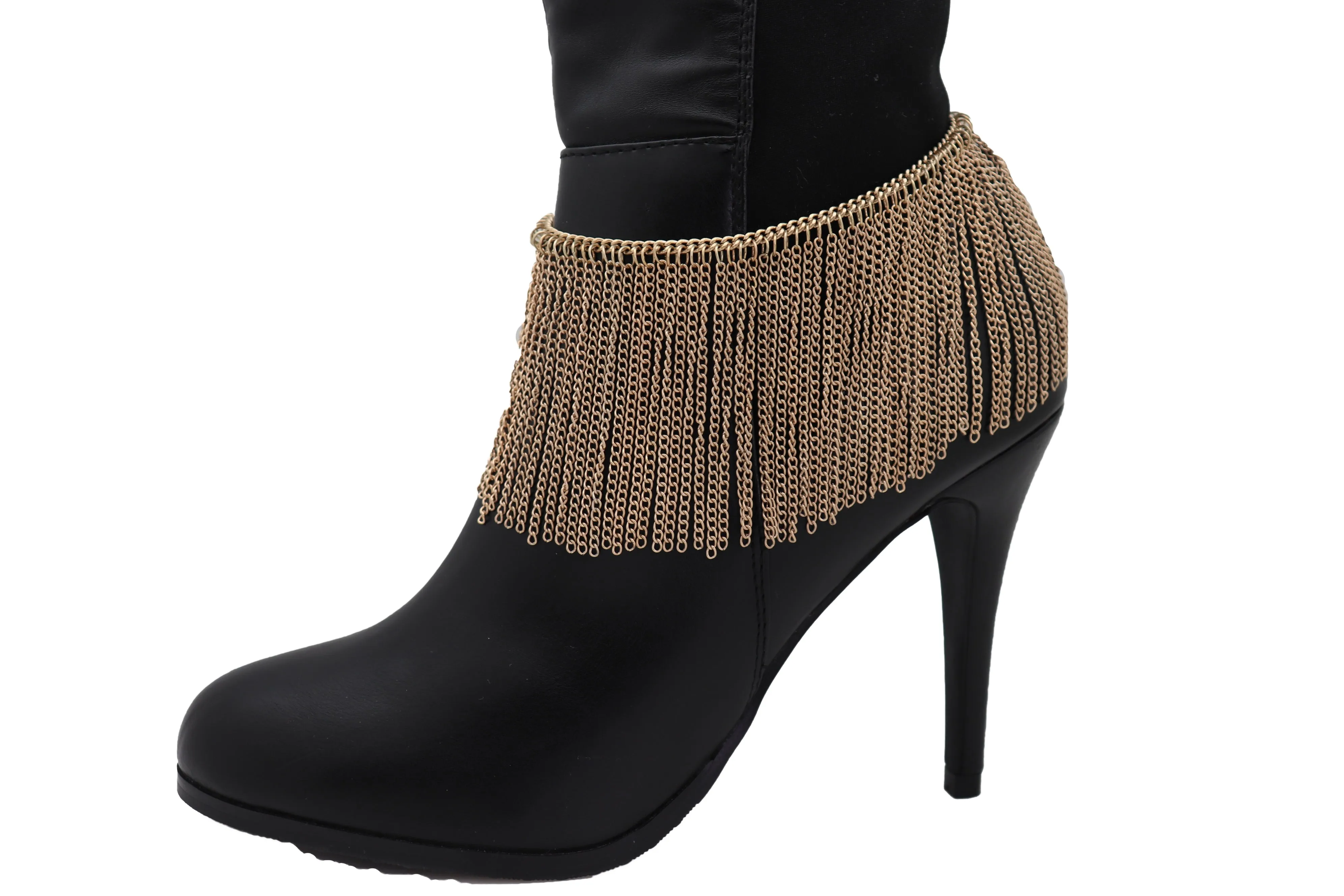 Gold Metal Chain Boot Bracelet Wrap Around Shoe Long Fringes Charm Anklet