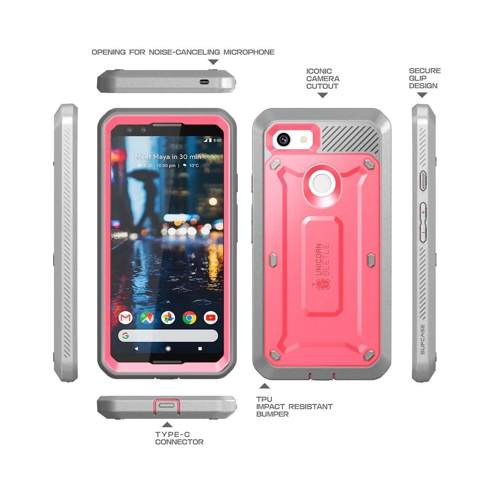 Google Pixel 3 Unicorn Beetle Pro Rugged Holster Case with Screen Protection-Pink