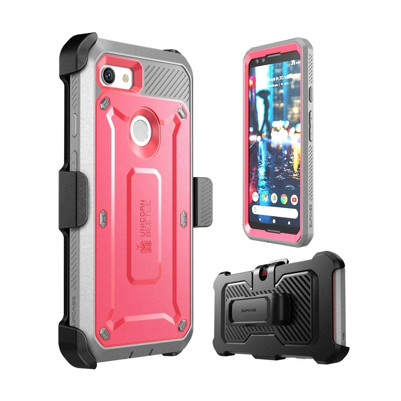 Google Pixel 3 Unicorn Beetle Pro Rugged Holster Case with Screen Protection-Pink