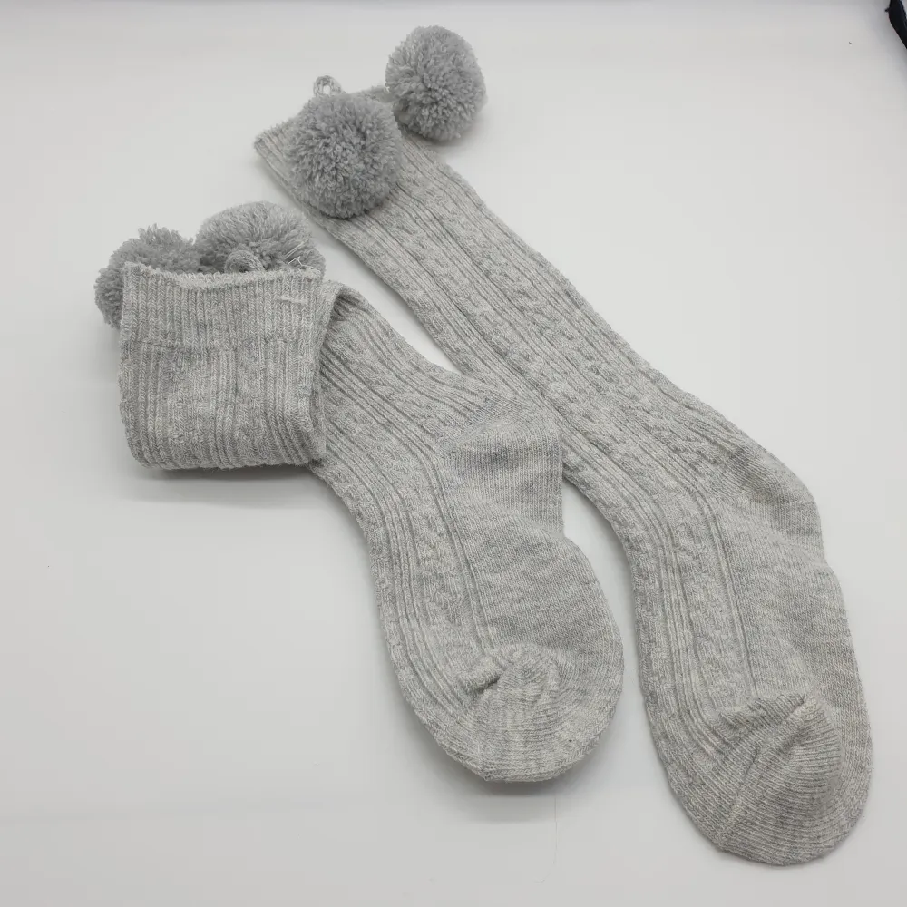 Grey Knee High Ribbed Pom Pom Socks