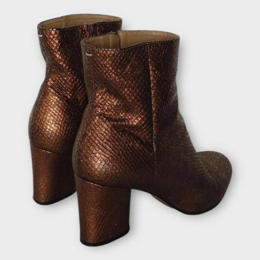 Maison Margiela Bronze Snakeskin Leather Block Heel Boots