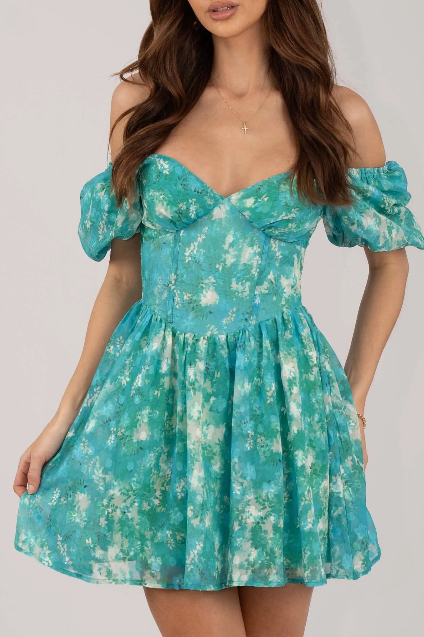 Miyah Puff Sleeve Mini Dress - Green Floral