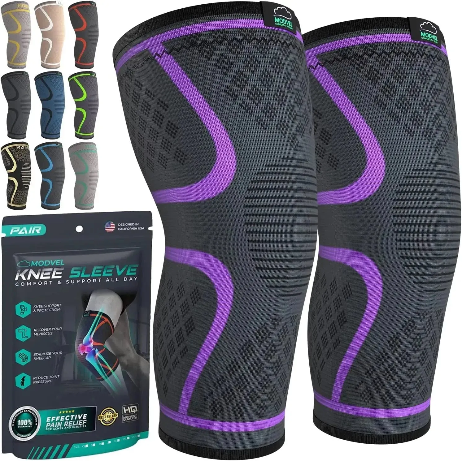 Modvel Knee Brace - Knee Sleeves (Pair) for Knee Pain Relief, Joint Stability and Recovery