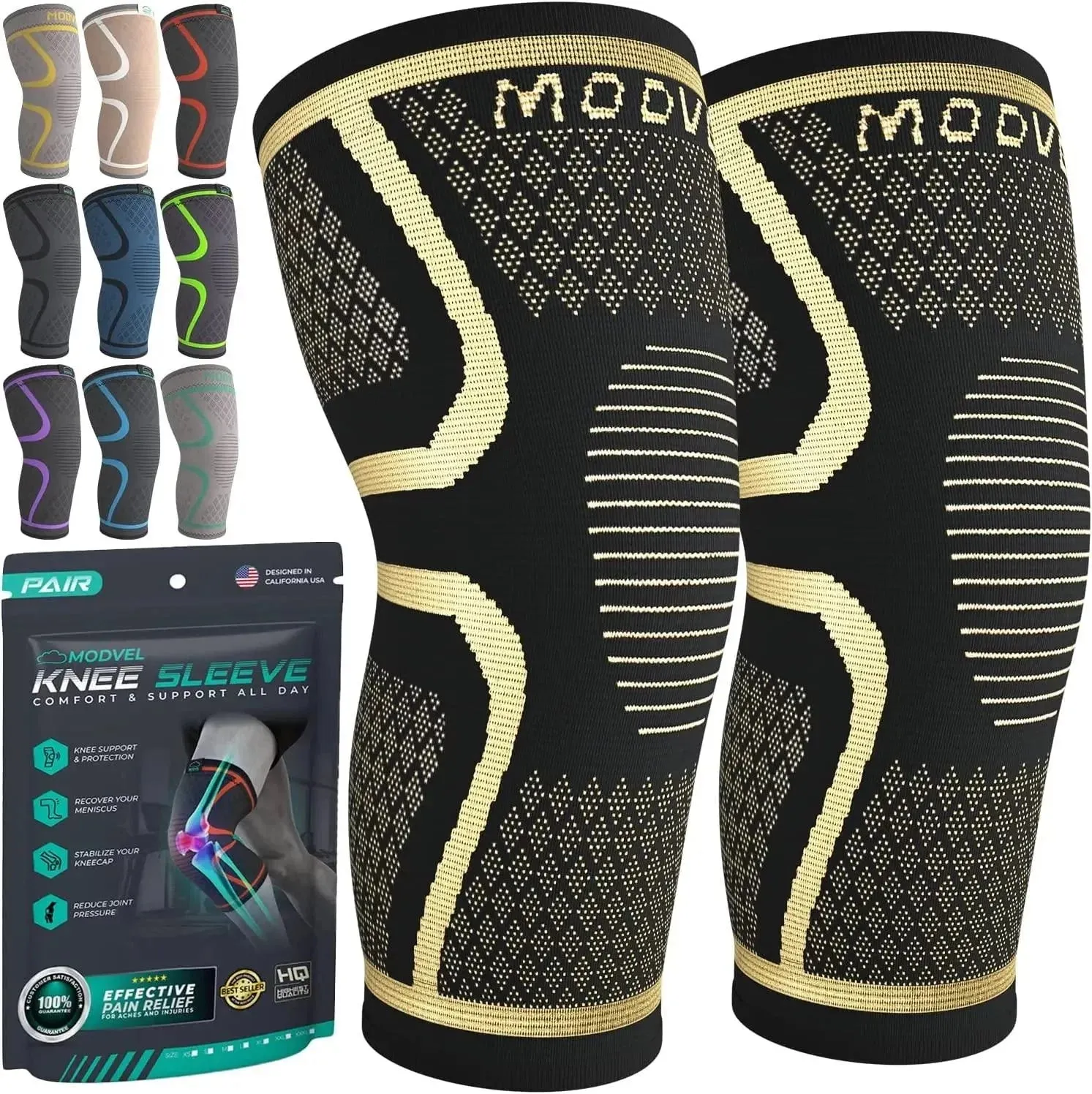 Modvel Knee Brace - Knee Sleeves (Pair) for Knee Pain Relief, Joint Stability and Recovery