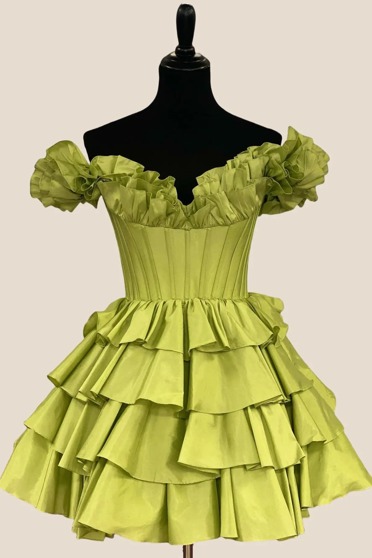 Off the Shoulder Green Ruffles A-line Short Dress