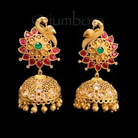 Peacock Red & Green Gold Finish Jhumka