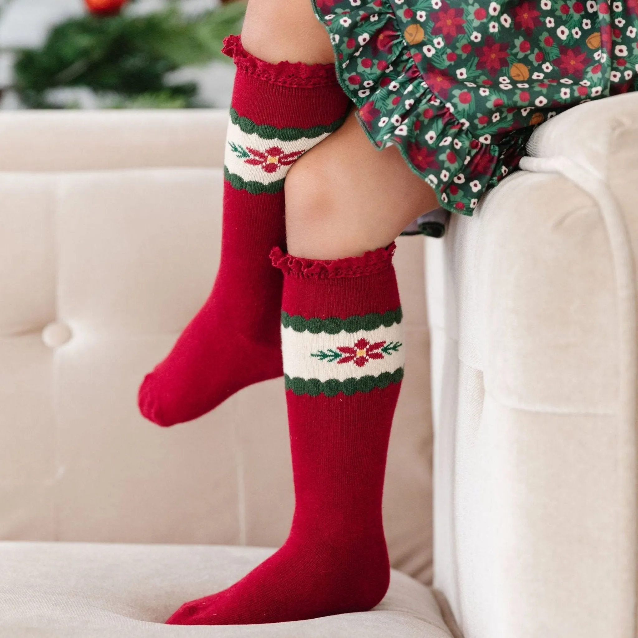 Poinsettia Lace Top Knee High Socks