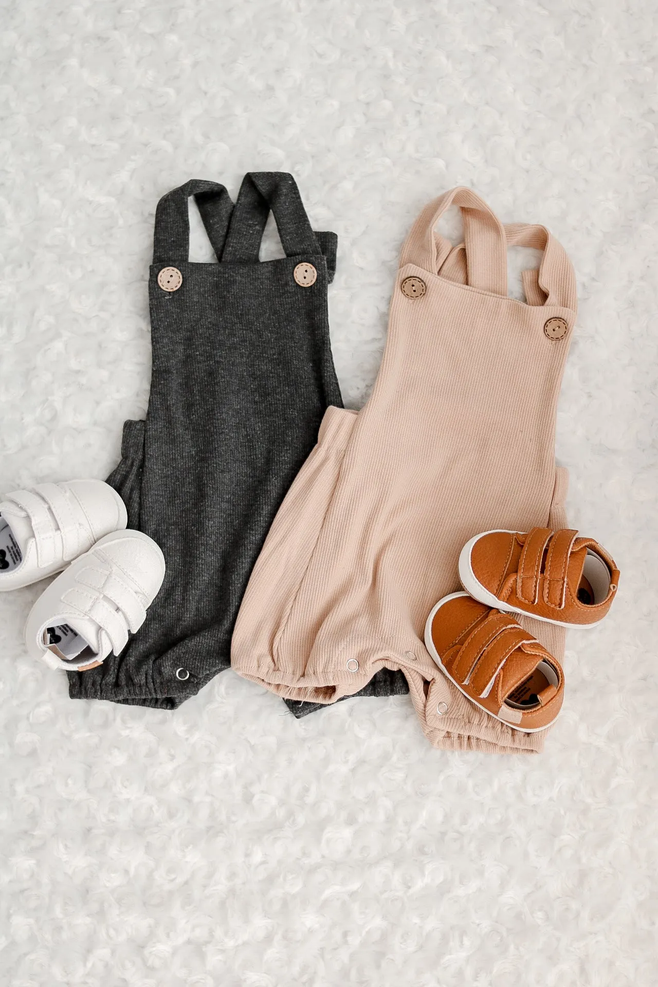 Ribbed Suspender Romper - Tan