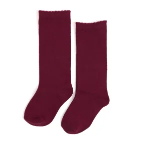 Scalloped Knee High Socks - Burgundy