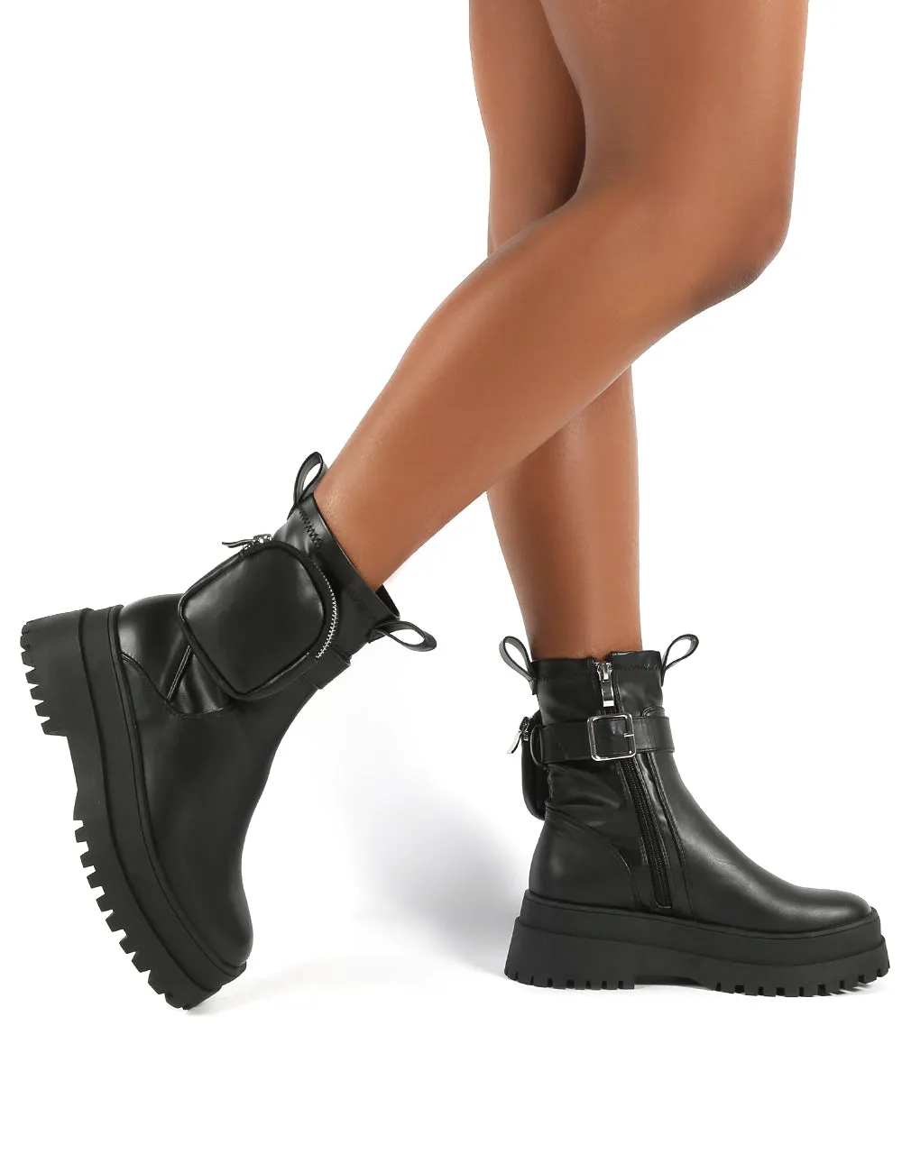 Thought Black Pu Wide Fit Pocket Chunky Sole Ankle Boot