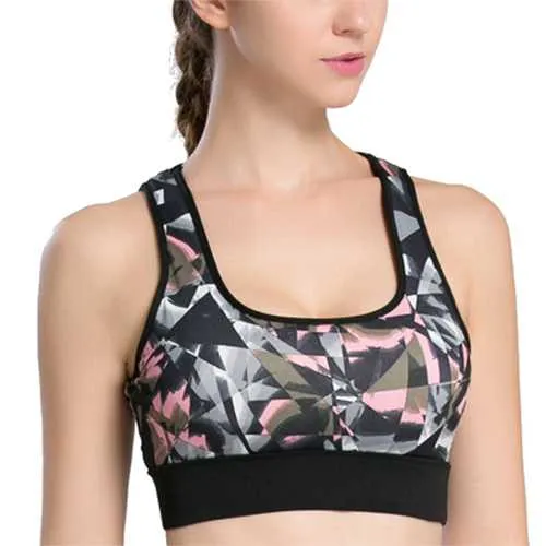 Women Shockproof Wireless Sport Bra Geometric Printed Breathable Yoga Vest Underwear